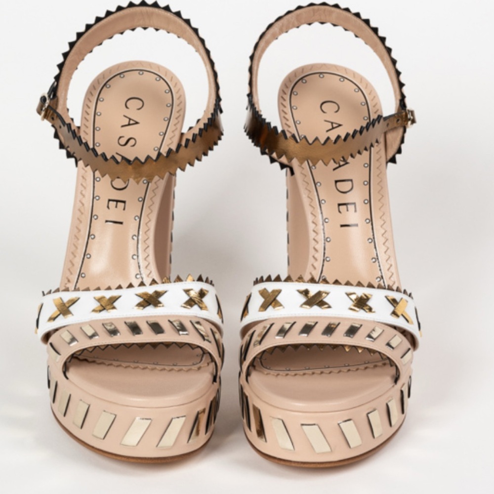 Casadei White and Tan Sandals with Gold Accents